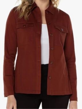 Liverpool XSmall Jacket Peplum Hem Shacket in Brunette Brown Pockets Collar NWT